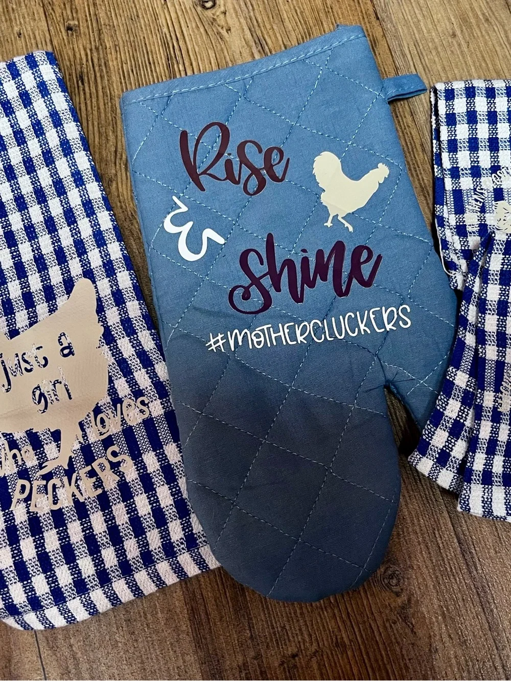 Rise & Shine #Mothercluckers Blue Oven Mitt kitchen set